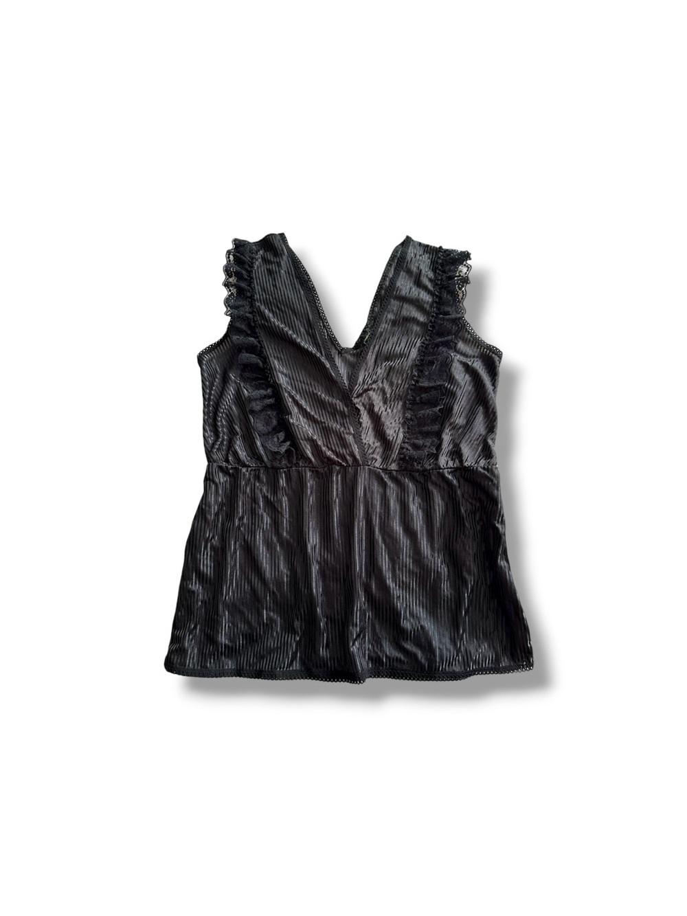Vintage 80s Black Satin Jacquard Stripe Lace Ruffle Tank Top L Stroke Of Midnigh